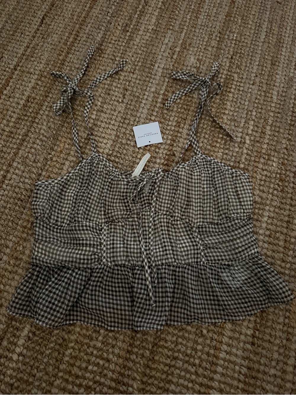 American Eagle Outfitters Brown Gingham Tie-Shoulder Smocked Cami
